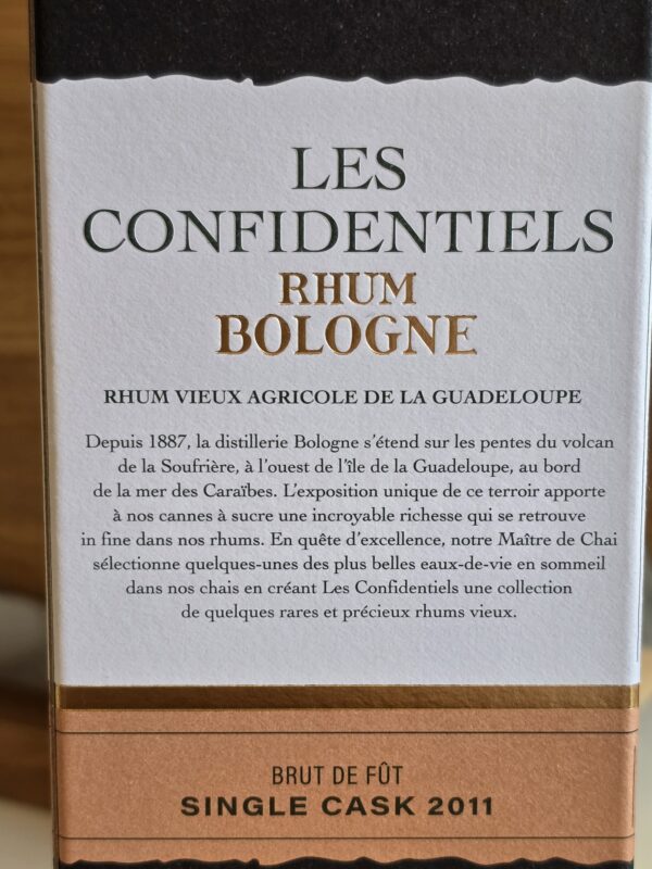 RHUM VIEUX BOLOGNE 50 CL 55.5° LES CONFIDENTIELS MILLESIME 2011 – Image 2