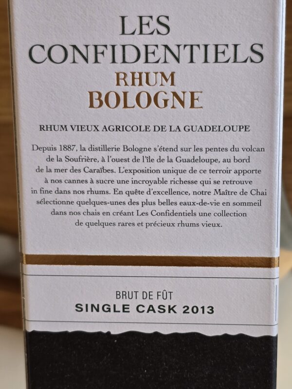 RHUM VIEUX BOLOGNE 50 CL 45.6° LES CONFIDENTIELS MILLESIME 2013 – Image 2